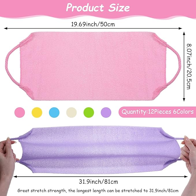 12 Pcs Exfoliating Back Scrubber for Shower with Handles Nylon Back Exfoliator Washers Stretchable Pull Strap Exfoliating Loofah Washcloth for Women Men Body Deep Cleaning Massages