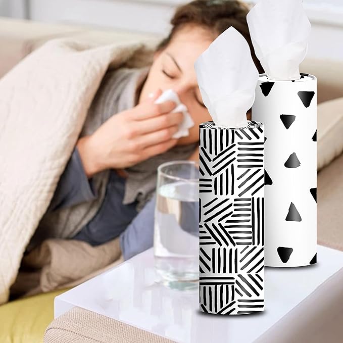 4-Pack Car Tissue Cylinders - Modern Black Line Design, Fits Car Cup Holders, Travel Tissue Tubes with Facial Tissues (Black & White)