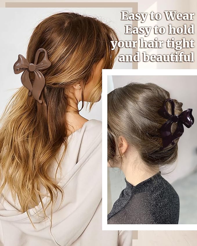Mesovor 4 pack Cute Bow Claw Clip for Women, Nonslip Large Matte Strong Hold Bows Hair Clips for Thin and Thick Hair | Chic Hair Styling Accessories (Glossy Cherry, Brown)