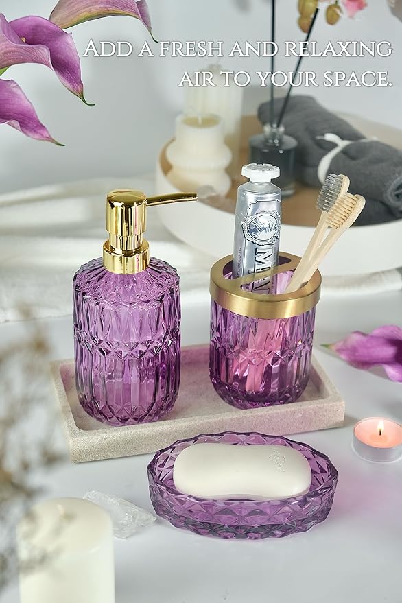 Purple Bathroom Accessories Set, 5Pcs Clear Glass Bathroom Decor Set, Soap Dispenser, Toothbrush Holder Set, Soap Dish, Qtip Holder, Tumbler for Vintage Crystal Bathroom Decor, Gift Set