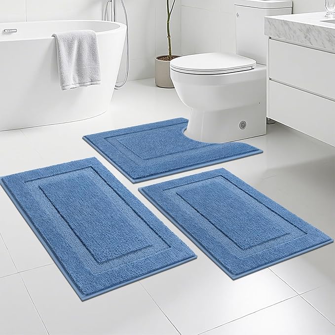 SHACOS 3 Piece Blue Bathroom Rugs Sets, Non Slip Soft Fluffy 16"x24" + 20"x32" Bath Mat and 20"x24" U Shaped Toilet Rugs Washable, Water Absorbent Bath Rugs for Bathroom