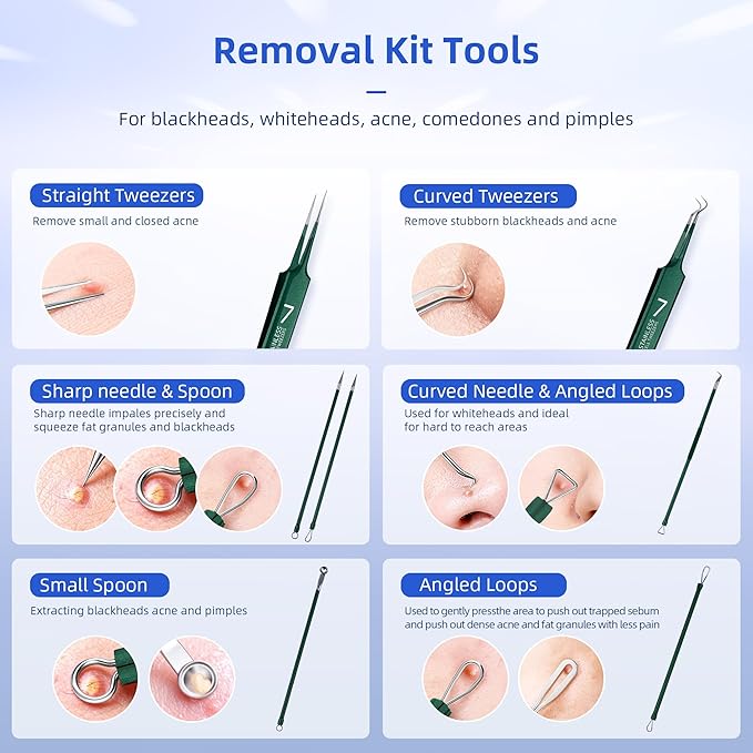 Pimple Popper Tool Kit - 7 Pcs Blackhead Remover Comedone Extractor Kit with Box for Quick and Easy Removal of Pimples, Blackheads, Zit Removing, Forehead,Facial and Nose (Green)