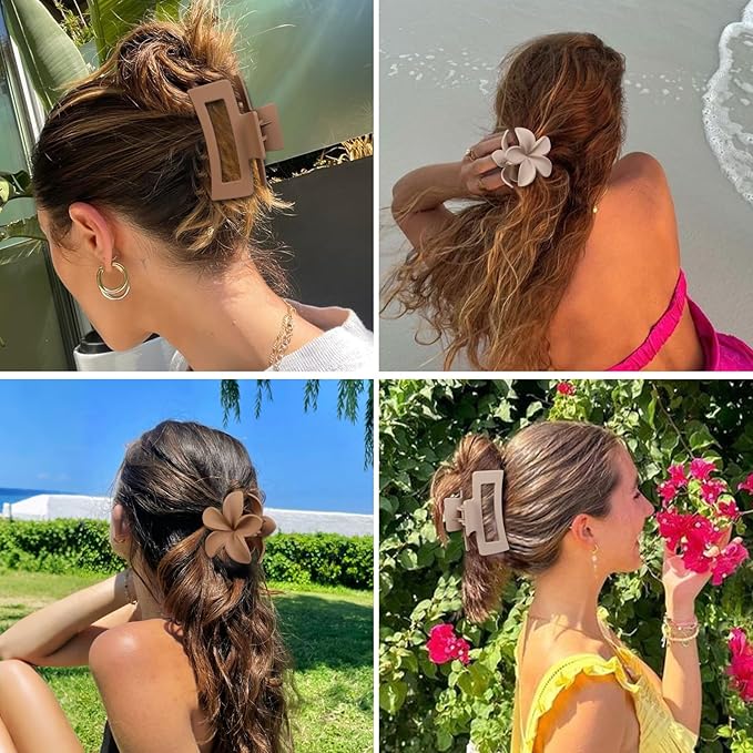 Flower Hair Clips for Women Square Claw Clips for Girls 2 Styles Hair Claw Clips for Thick or Thin Hair 6 PCS Hawaiian Hibiscus Rectangle Large Plumeria Medium Hair Accessories for Women (Brown)