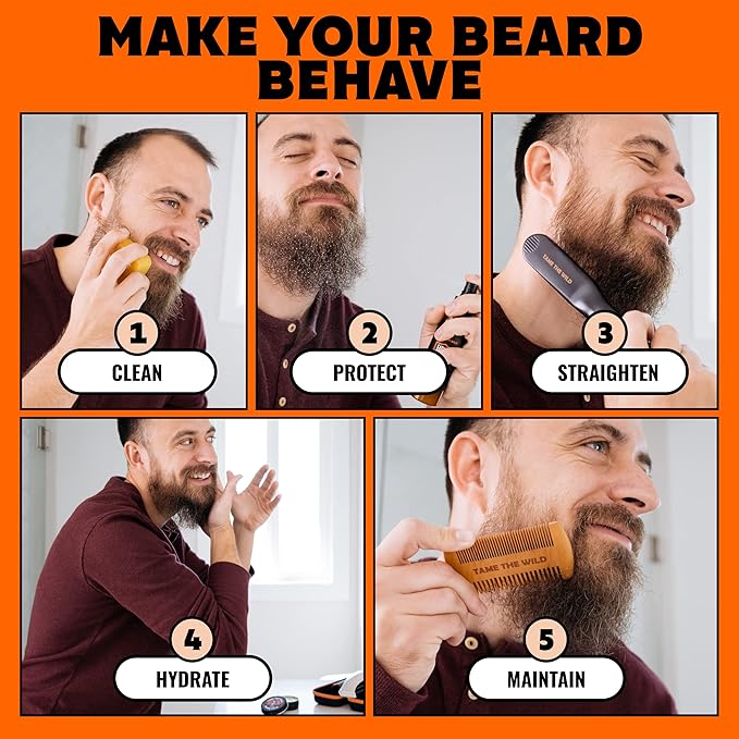 Tame the Wild Premium Beard Grooming Kit - Heated Beard Brush, Straightener Comb, Heat Protectant Spray, Beard Soap, Balm, Wooden Comb, and Storage Case
