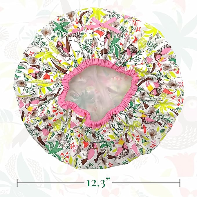 Reusable Bath & Shower Cap Lined, Oversized Waterproof Shower Caps Large Designed for all Hair Lengths with PEVA Lining & Elastic Band Stretch Hem Hair Hat - Fashionista Tropical
