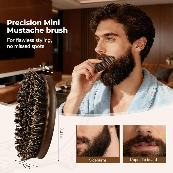 Beard Brush for Men, Travel Pocket Mustache Brushes Grooming Kit with Natural Boar Bristle and Sapele Wood, Folding Scissors & Pouch, Facial Hair Brush Detangles & Shine, Stocking Stuffers