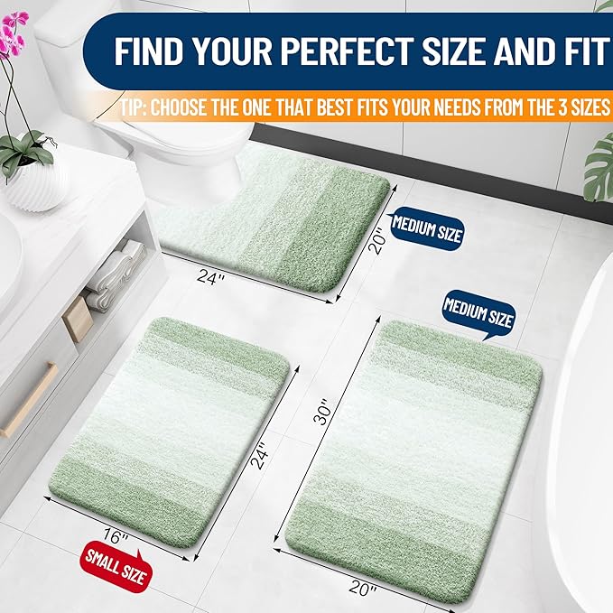 OLANLY Bathroom Rugs Sets 3 Piece, Soft Absorbent Microfiber Bath Mats and U-Shaped Contour Toilet Rug, Plush Shaggy Bath Mat Set for Bathroom (30"x20"+24"x16"+24"x20", Sage Green)