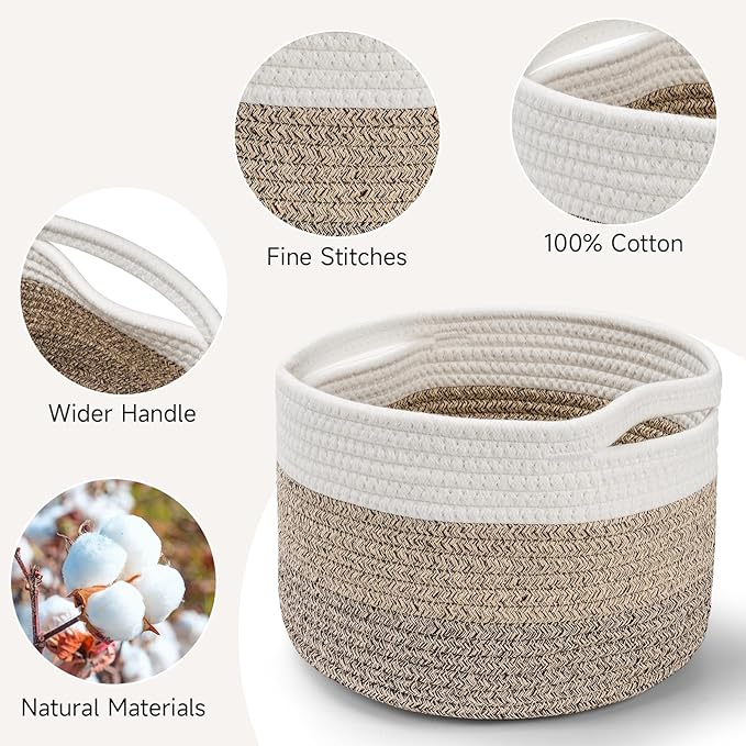 Small Rope Baskets for Storage, Baskets for Gifts Empty, Cute Round Woven Basket, Decorative Shelf Baskets 9.82×9.82×7.1", Cotton Toy Storage Bins for Organizer 3 Packs Mixed Brown
