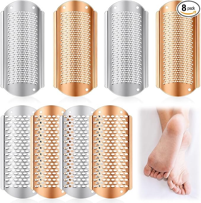 Moxweyeni 8 Pack Rose Gold,Silver Foot File Callus Remover Replacement Blades Metal File Callus Remover Hard Skin Remove Stainless Steel 2 Designs Big/fine Hole for Detachable Foot Scrubber