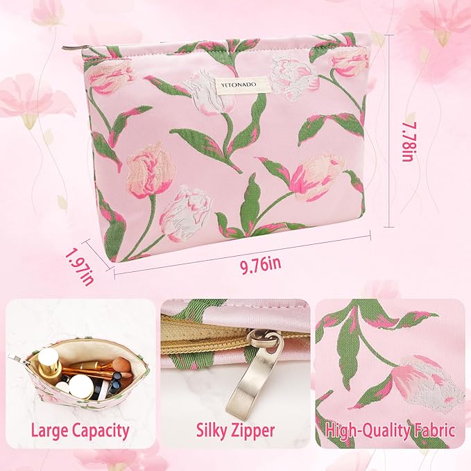 ZLFSRQ Tulip Makeup Bag for Women Floral Cosmetic Bag Pink Zipper Cosmetic Pouch for Purse Large Capacity Quilted Canvas Flower Makeup Bags Cute Aesthetic Travel Toiletry Bags Gift Skincare Organizer
