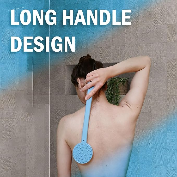 Bath Body Brush 15" Long Handle Back Shower Brush Exfoliating Back, Body and Feet Scrubber (Blue)