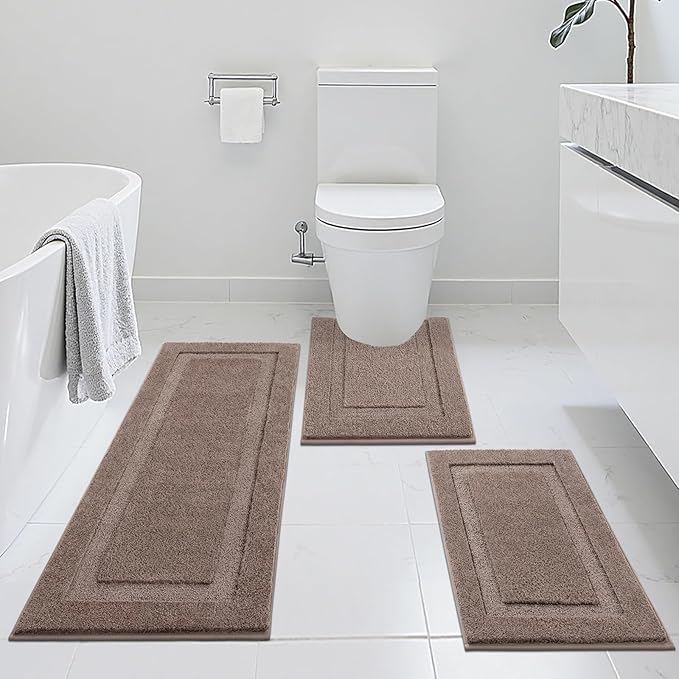 SHACOS Brown Bathroom Rugs Sets 3 Piece, 20"x32" + 20"x47" Non Slip Bath Mat 20"x24" U Shaped Toilet Rugs Washable, Soft Fluffy Water Absorbent Bathroom Floor Mat Rug