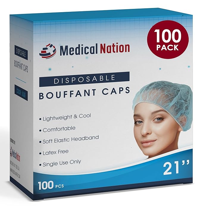 21" Disposable Bouffant Caps | Pack of 100, Blue | Hairnets, Non-Woven, Non-Pleated Head Hair Covers |For Medical, Labs, Nurse, Tattoo, Food Service, Hospital, Cooking - Size 21" Blue