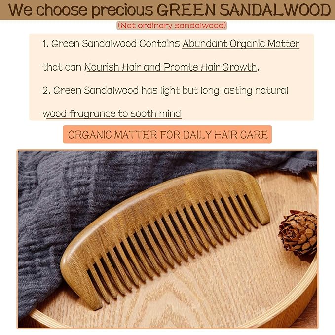 2 Pack Wooden Comb, Beard Comb for Men, Hair Combs for Women - Green Sandalwood