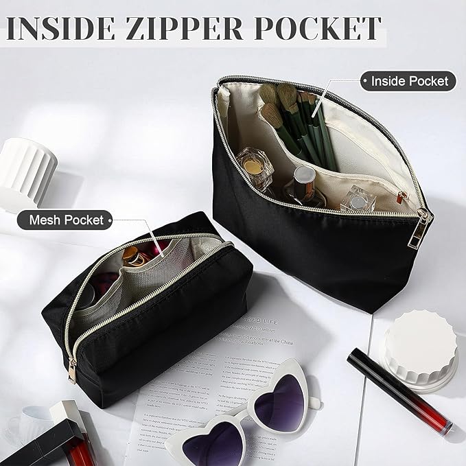 Kigeli 2 Pcs Nylon Makeup Bag Set for Women Wedding Favors Cosmetic Bag with Interior Pockets Preppy Cute Purse Pouch Pencil Case Makeup Brushes Storage Organizer for Travel Toiletry Bags(Black)