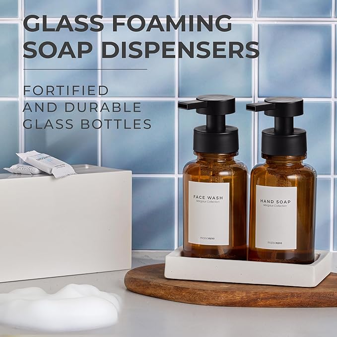 MaisoNovo Glass Foaming Soap Dispenser 14 Oz | Amber Glass Black Pumps x 2 with Tray