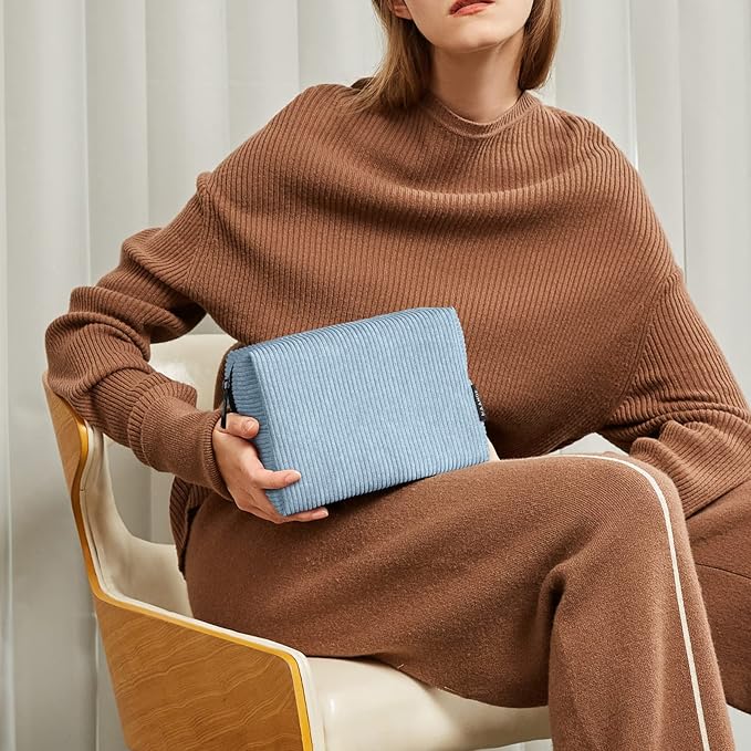 MAANGE Cosmetic Bags for Women Small Makeup Bag for Purse Corduroy Makeup Pouch Travel Makeup Bag with Metal Zipper Make Up Bag for Travelling(BLUE)