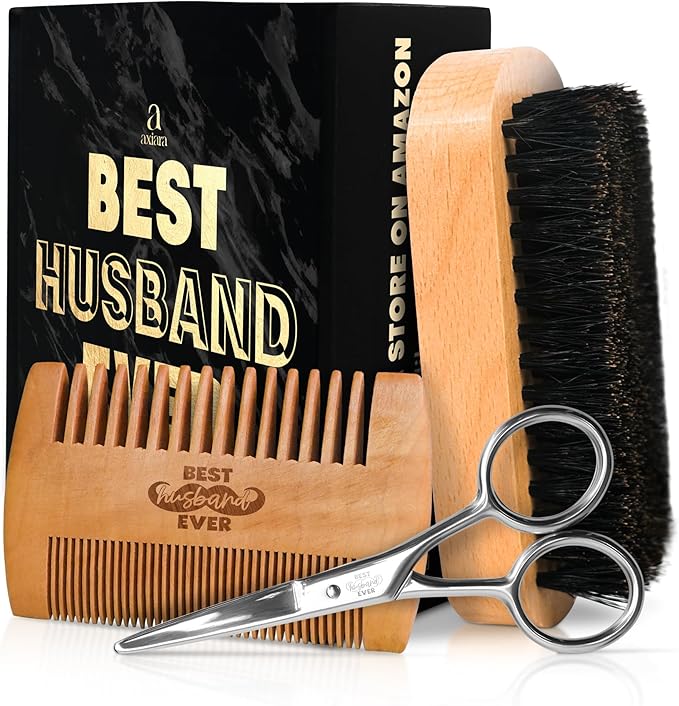 Husband Gifts for Him - Beard Kit for Men Grooming and Care with Brush, Comb, Scissors & Storage Bag - Husband Birthday Gift Ideas, Anniversary Retirement Birthday Gifts for Men