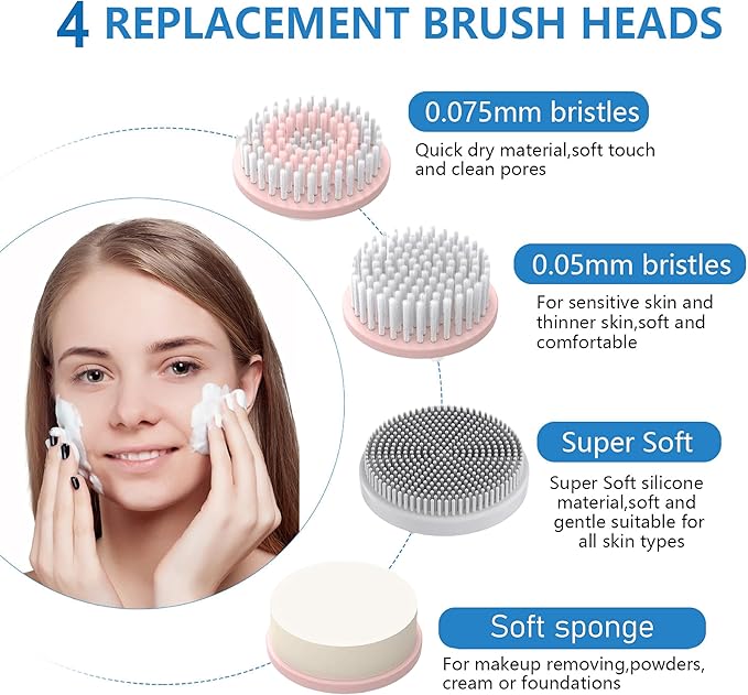 Facial Cleansing Brush, 2 in 1 Ｗaterproof IPx7 Facial Spin Scrubber Set with 4 Brush Heads, Rechargeable Exfoliating Face Brush Deep Cleansing, Gently Exfoliate and Remove Blackhead Pink