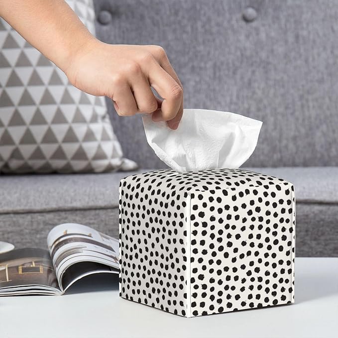 Polka Dot Black Circle Tissue Box Cover Square,Abstract Round Brush Strokes Tissue Box Holder Waterproof Leather Facial Paper Organizer Dispenser for Bathroom Home Car Nightstand Vanity Desk