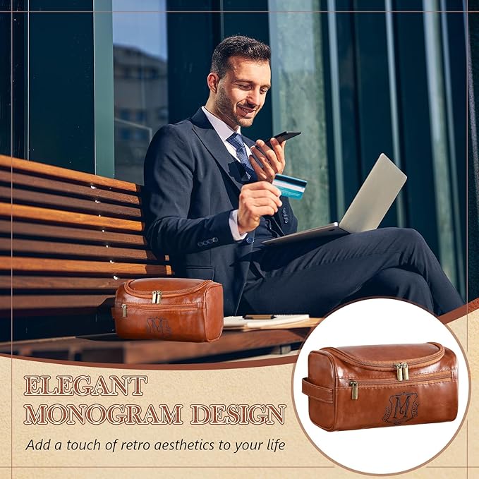 Sadnyy Personalized Leather Toiletry Bag for Men Initial Travel Bag with Hook Monogrammed Toiletry Pouch Leather Travel Bathroom Kit with Side Handle for Him Dad Husband Anniversary Birthday Gifts(M)