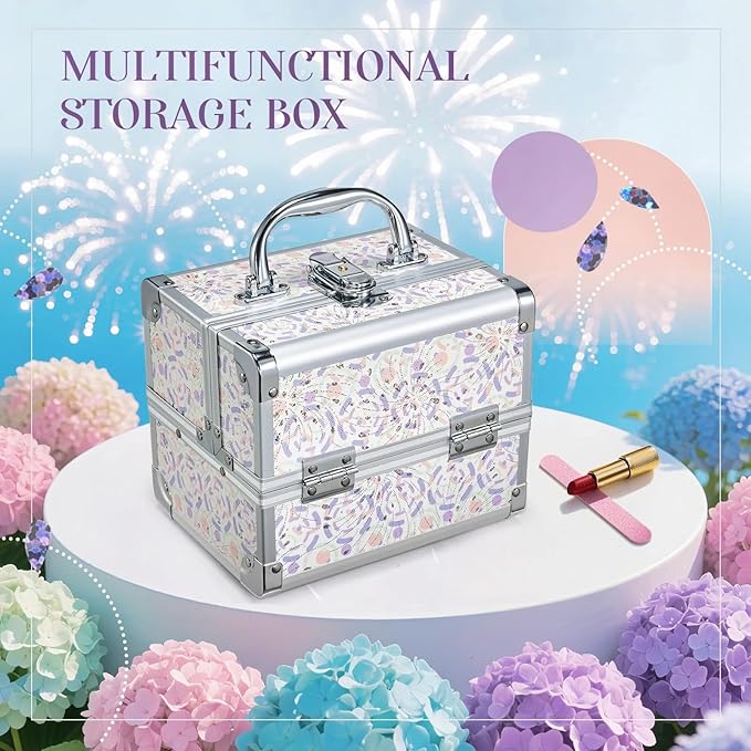 Joligrace Makeup Case for Girls Cosmetic Train Case Makeup Storage Box Jewelry Organizer Hair Accessories Lockable with Trays & Mirror Purple