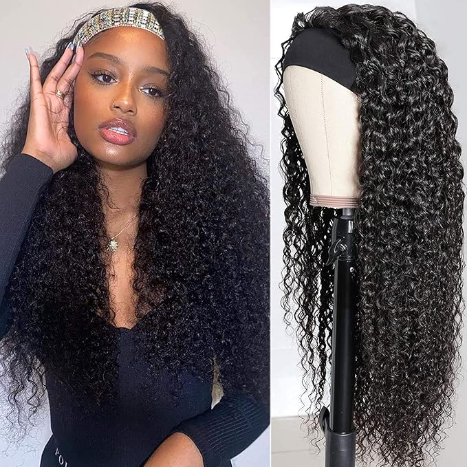 XSY 28 Inch Headband Wig Human Hair Deep Wave Brazilian Virgin Human Hair Wigs for Black Women Glueless None Lace Front Wig Machine Made Curly Headband Wig 150% Density Natural Colour