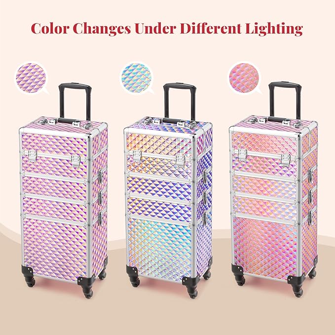 mefeir 4-in-1 Rolling Makeup Train Case Lift Handle,4 Removable Wheels Lockable Keys,Aluminum Cosmetic Trolley Beauty Stylist Artist Organizer Box,Ideal Xmas New Year Gift (Diamond Pink)