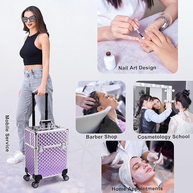 Stagiant Rolling Makeup Train Case Large Storage Cosmetic Trolley 4 Tray with Sliding Rail Removable Middle Layer with Key Swivel Wheels Salon Barber Case Traveling Cart Trunk