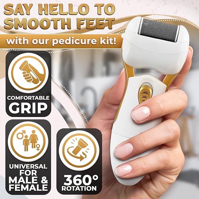 Electric Callus Remover for Feet – Electric Foot Filer with 3 Replacement Rollers & 360° Rotating Head – Hard Skin Remover for Feet with Ergonomic Handle for Easy Grip & Control in Home Pedicure