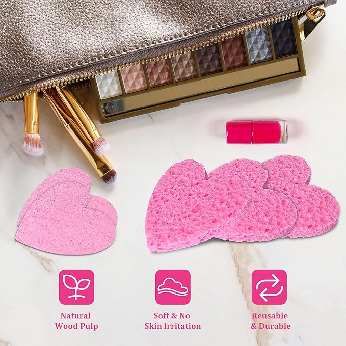 60-Count Kickleen Compressed Cellulose Heart Shape Facial Sponges | 100% Natural Cosmetic Spa Sponges for Facial Cleansing | Exfoliating | Makeup and Mask Removal | Reusable |Skin Massage (Pink)