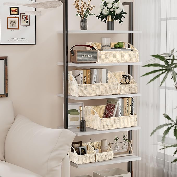 Ollieroo Rattan Storage Baskets, Handwoven Wicker Storage Bins with Built-in Handles, Storage Container Baskets for Shelves, Bedroom, Bathroom, Laundry Room or Kitchen(Beige)