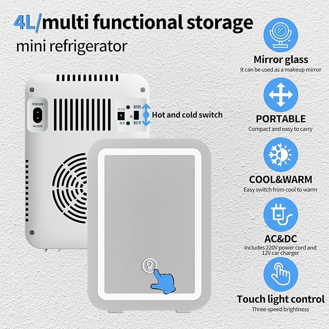 4L Mini Fridge with LED Mirror, Dual Cooling & Warming Function, 3L/6 Cans Capacity, Ultra-Quiet Portable Refrigerator for Skincare, Makeup, Car and Home Use