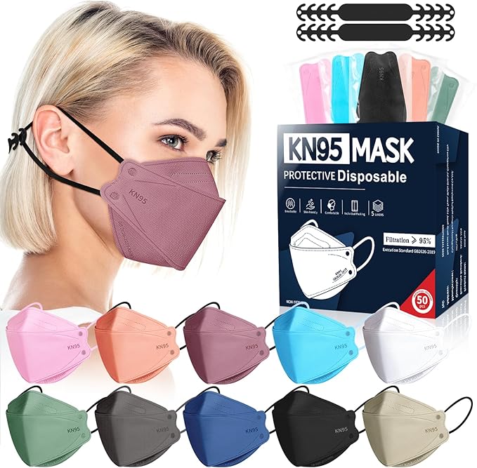 FENFEN KN95 Face Masks Disposable Adults - 50 Pack 5 Layer Protection Dust Breathable Comfortable Respirator Women KN95 Mask Individually Wrapped