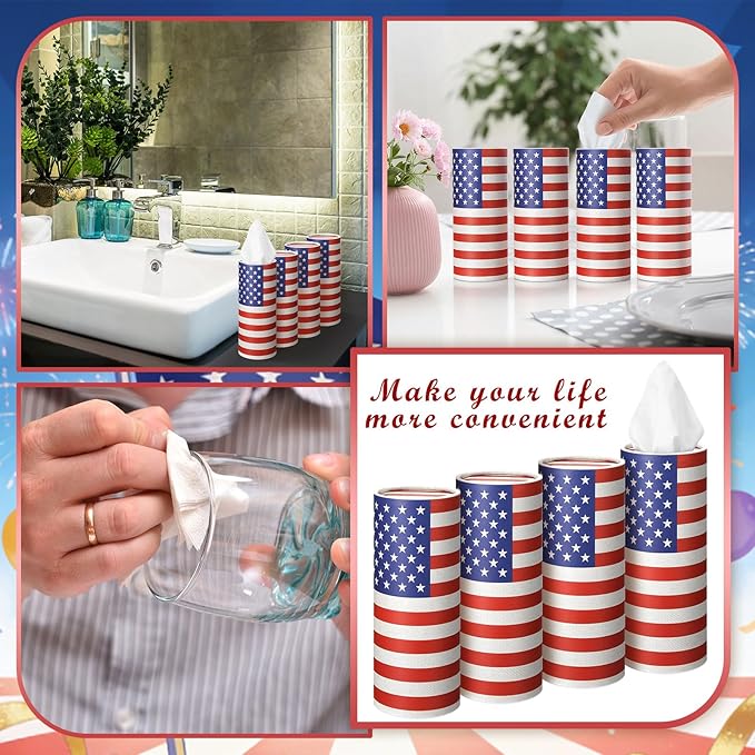 12 Pack 4th of July Flag Tissue Boxes for Car Cylinder Bulk Red Blue White Patriotic Round Cylinder Holder with 3 Ply Facial Tissues for Independence Day Travel Bathroom Office Decoration