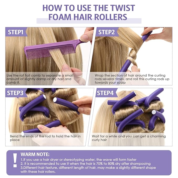 WILLBOND 60 Pieces Flexible Curling Rods Hair Curlers Rollers Twist Flexi No Heat Rods Rollers for Long Short Hair Women(0.3 x 9.5 Inch,Purple)