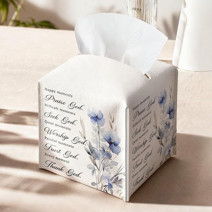 Bible Verses Christian Tissue Box Cover Square, Happy Moment Praise God Waterproof Leather Tissue Box Holder, Blue Flower Paper Facial Tissue Box Covers Cube for Office Home Prayer Room Decor