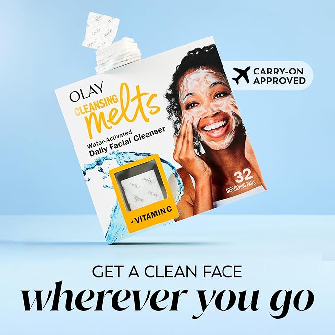 Olay Face Wash, Vitamin C Cleansing Melts, Daily Use Gentle Cleanser, For All Skin Types, Travel Size, Soft Citrus Scent, Water-Activated to Clean, Tone, and Refresh, 64ct (x 32ct), (Pack of 4)