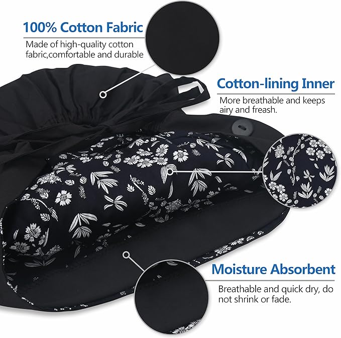 QBA Adjustable Working Cap with Button, Satin-Lined Hat, Cotton Working Hat Sweatband, Elastic Tie Back Hats Unisex