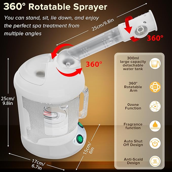 Easy to Clean Facial Steamer, Portable Nano Ionic Face Steamer for Facial Deep Cleaning, with 360° Rotating Arm, 300ML Large Capacity, with Aromatherapy Diffuser, Warm Mist