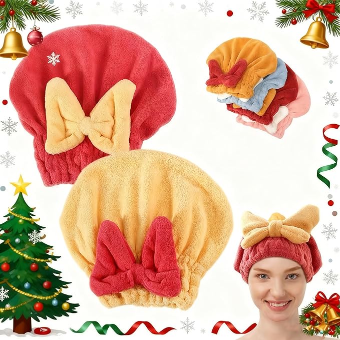 2PCS Microfiber Hair Drying Caps, Christmas Absorbent Hair Towel Wrap for Women Wet Hair Quick-Drying Hair Towels, Soft Bow Tie Wet Hair Towel Wrap for Party Favors Goody Bag Filler (Red+Yellow)