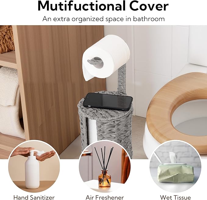 GRANNY SAYS Wicker Freestanding Toilet Paper Holder Stand with Storage, Modern Covered Toilet Paper Stand for 4 Rolls with Shelf for Wet Wipes, Tissue Holder for Bathroom Decor and RV, Gray