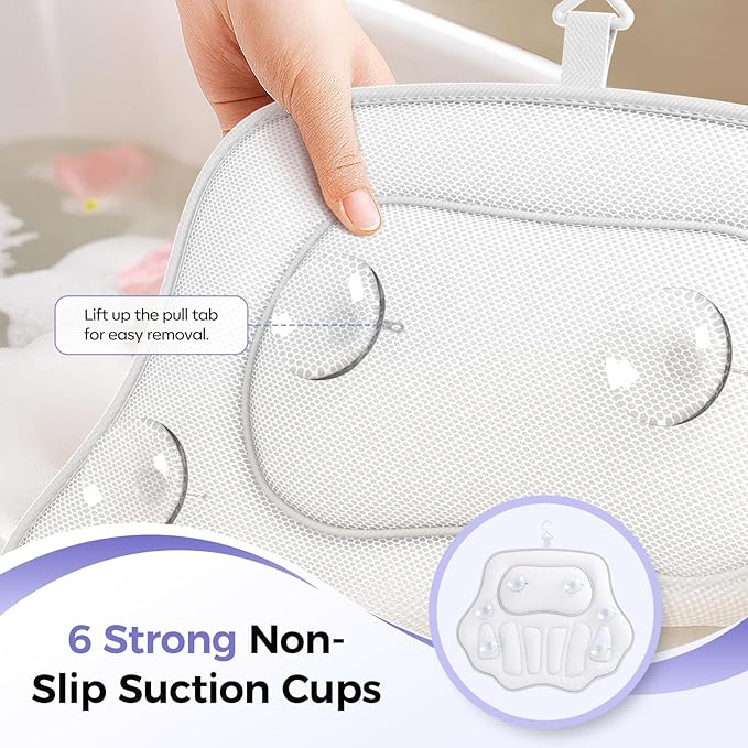 Bath Pillows for Tub, Ergonomic Bathtub Pillow for Head & Neck Relaxation, 4D Air Mesh Bath Cushion with 6 Non-Slip Suction Cups, Fits All Bathtubs (White)