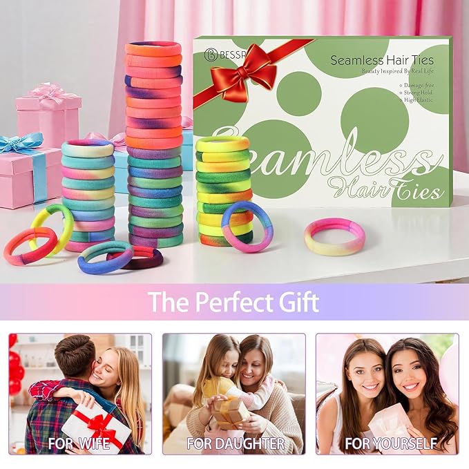 Bessrung 100 PCS Seamless Hair Ties, No Damage Elastic Hair Ties for Women Girls, Strong Hold No Slip Hair Bands, Soft Stretchy Ponytail Holders for Thin Thick Hair(Rainbow Color)