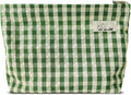 HAPPYHEIDI Large Cute Green Checker Makeup Bag with Compartment Cosmetic Travel Pouch, Nylon Fabric, Purse Organizer, Canvas Lined, Beige Plaid