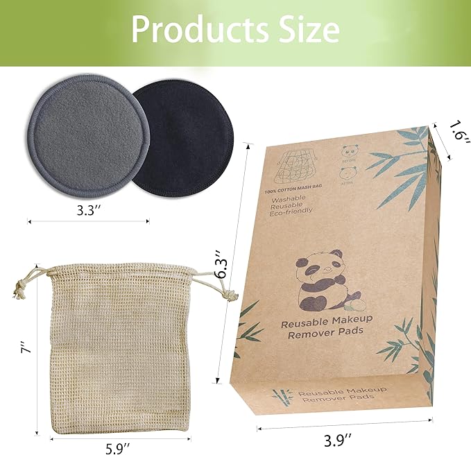 Reusable Makeup Remover Pads 20 Pack Reusable Makeup Cotton Rounds with Laundry Bag|Soft Black Cotton Makeup Remover Pads for Face