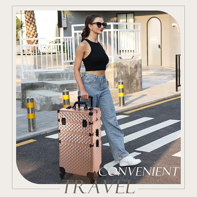 Adazzo 3 in 1 Professional Rolling Makeup Train Case Aluminum Trolley Case with 360° Rotation Wheels for Makuep Artist Cosmetic Suitcase Organizer with Lock and Key Diamond Pattern - Rose Gold