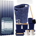 Navy Blue Bathroom Accessories Set with Wicker Trash Can Shower Curtain and Rugs,Bathroom Sets Small Waste Basket Bathroom Trash Can for Bedroom Bathroom
