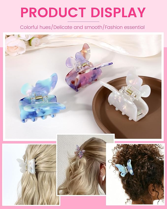 NAISIER Hair Clips, 3 Pack Butterfly Hair Clips Tortoise Shell Hair Claw Clips Jaw Clips 2.3 inch, Hair Accessories for Girls & Women (Mixed color, Blue, White, Pink-Purple)