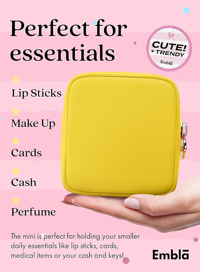 Embla Makeup Bag Travel Cosmetics Pouch and Toiletry Bag, Nylon Zipper Pouch Purse, Cute Make Up Organizer Storage Tote for Women Girls, Waterproof Travel Skincare Case, Small Makeup Bags, Lemon